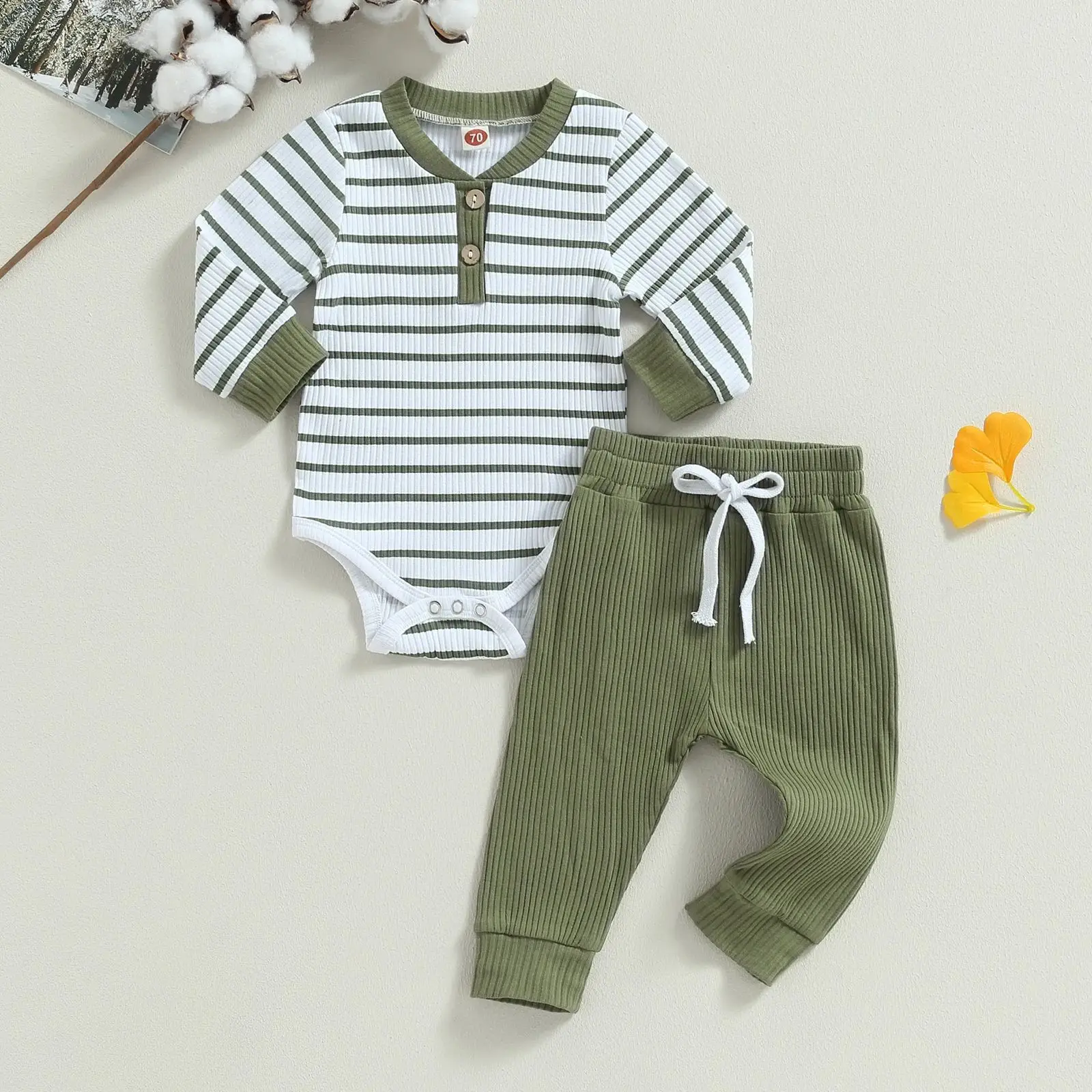 Newborn Baby Outfit Sets Long Sleeve Striped Romper Solid Color Long Pants Baby Boys Outfit 0-3 Month