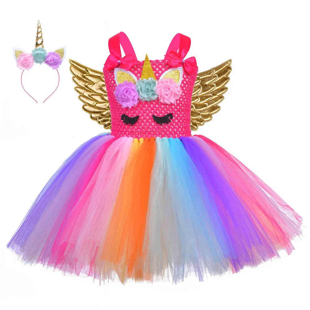 Fashionable Unicorn Mesh 2 To 12 Years Summer Party Tutu Dresses For Baby Girls