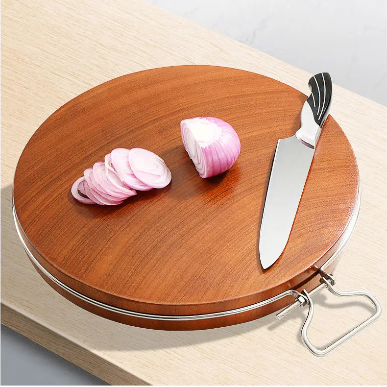 Custom Size Kitchen Thick Natural Eco-Friendly Safe Round Cutting Wood Board With Metal Handle