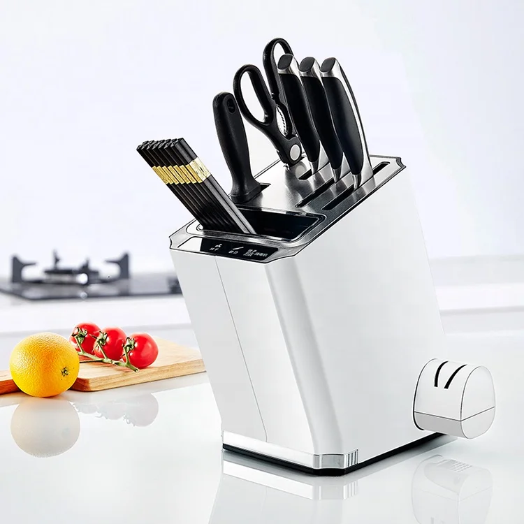 
All in one Electrical kitchen knife holder block and Sharpener with Sterilizing drying sharpening and storage function 