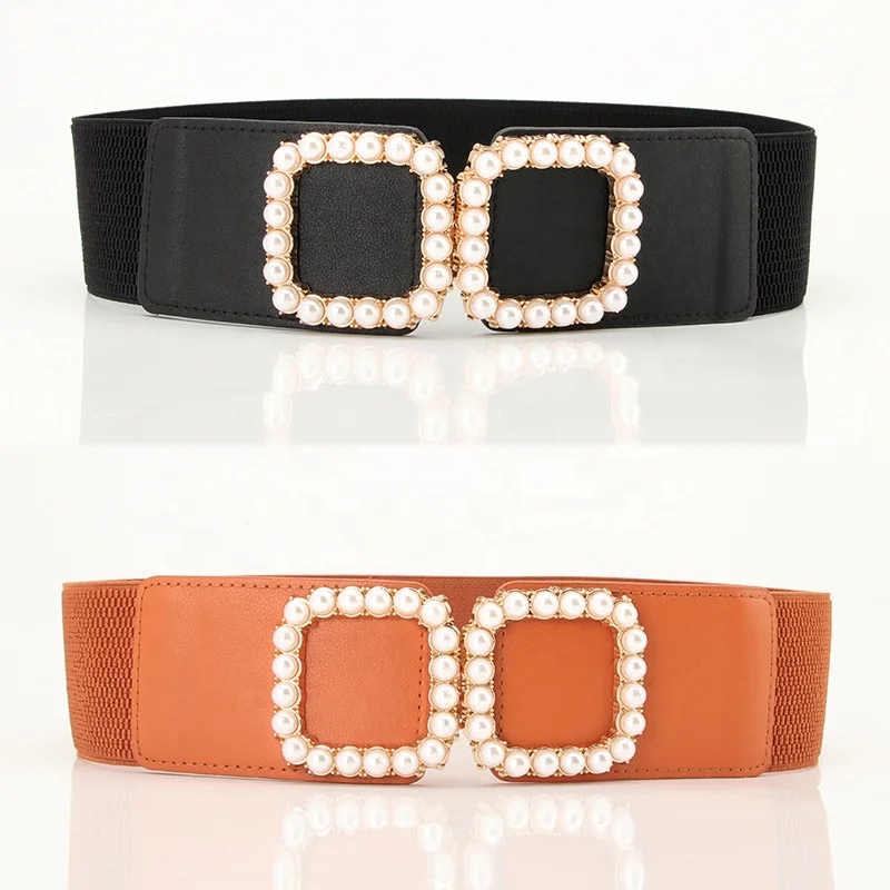 Pearls Square Buckle Belts for Women Adjustable Elastic Waist Belts Ladies Waistband for Jeans