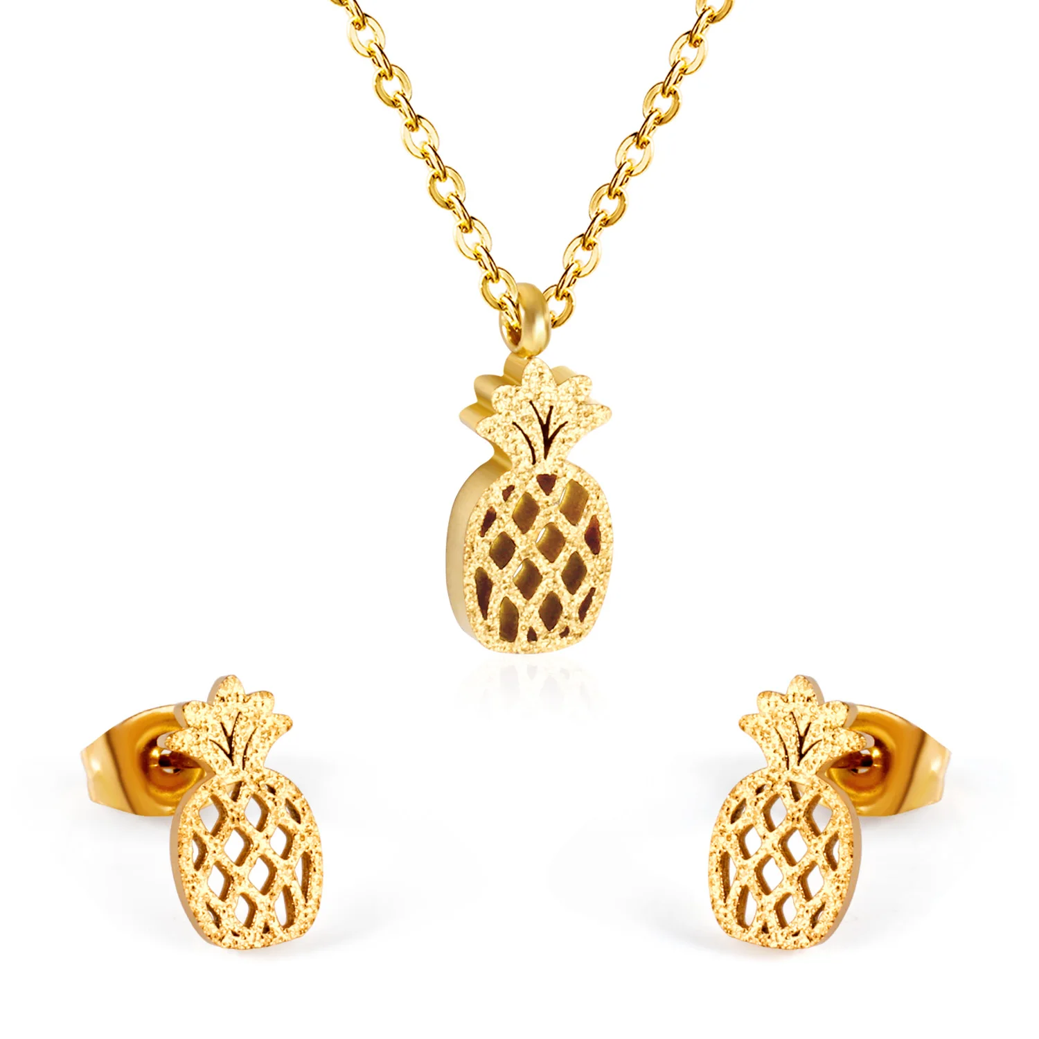 Fashion Casual 18k Gold Plated Pineapple Jewelry Sets Necklace Pendant And Stud Earrings Set