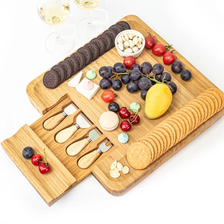 Durable Fruit Cheese Cookie Serving Tray Wooden Charcuterie Board Set Premium Bambo Cheese Cutting Board Knife Set Cheese Board