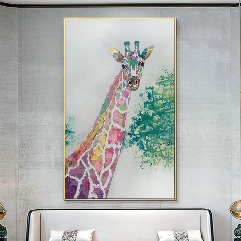 custom Decor Hand Painted Animal lovely Colorful Giraffe Oil Painting By handmade Wall Art Canvas Deer Painting