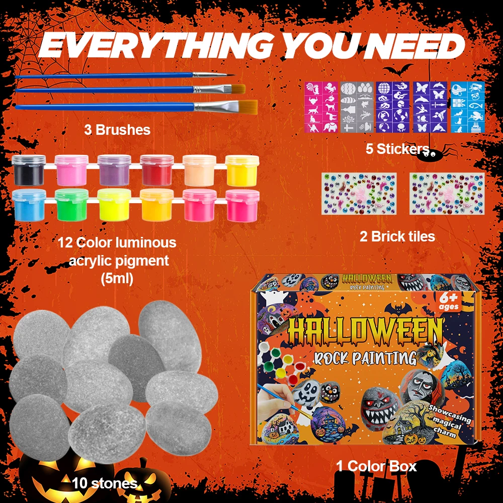 KHY Free Design Halloween Custom Wholesale Non-Toxic DIY Glow in the Dark Acrylic Paint Rock Painting Kit