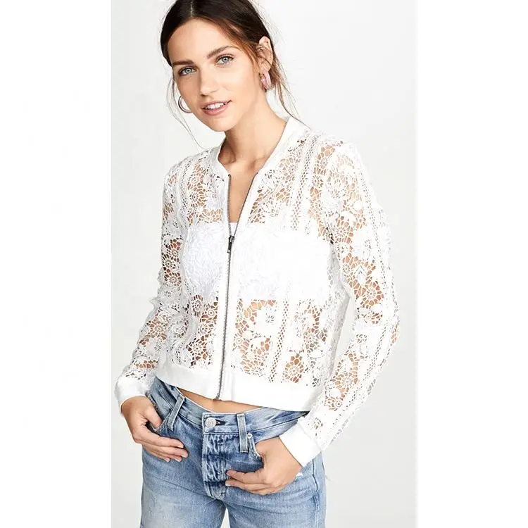 Latest jacket vantage england style zipper crochet lace transparent crochet blazer jacket