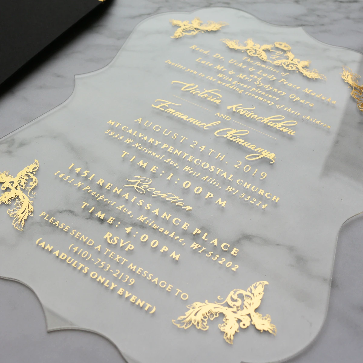 Creative Custom Shape Hindu Wedding Invitation Cards Clear Acrylic with Gold Foil Edge Envelope