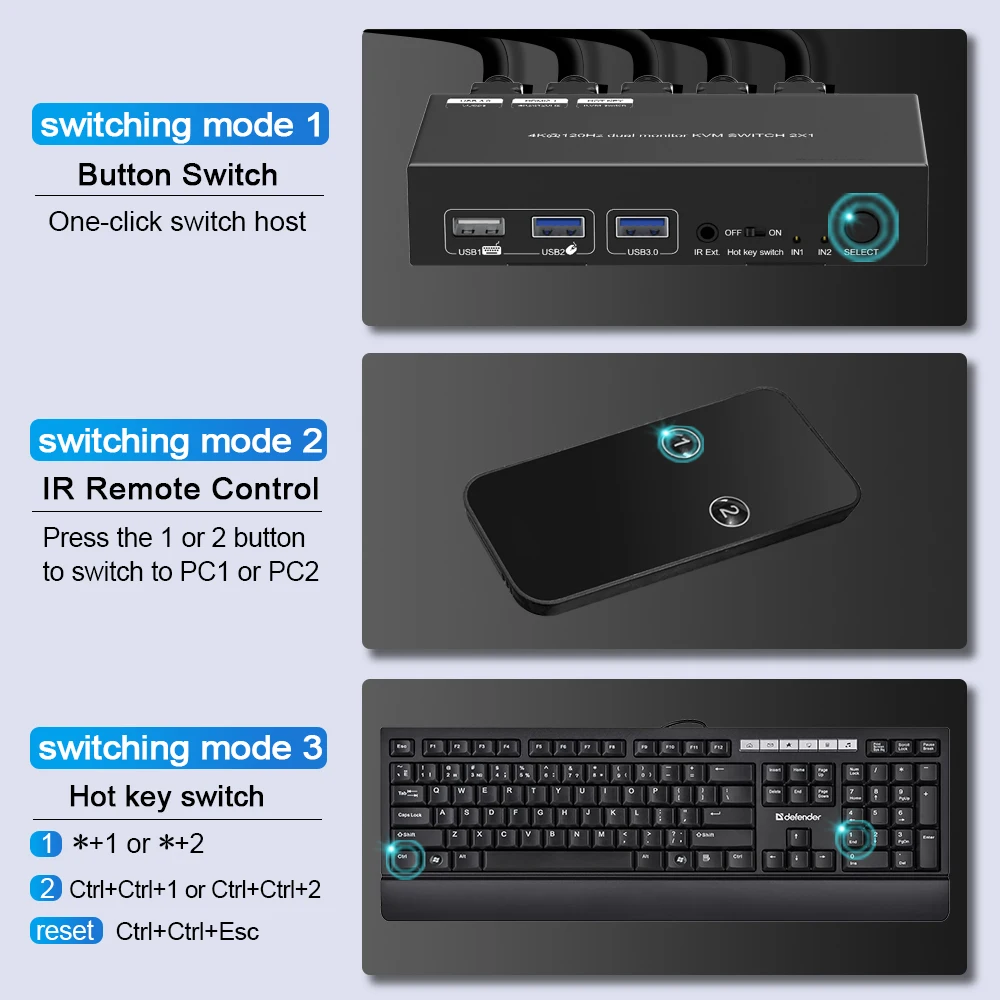 8K@60Hz 4K@120Hz HDMI USB 3.0 KVM Switch 2 Port Dual Monitor Extended Display hdmi Splitter Matrix  KVM Switcher