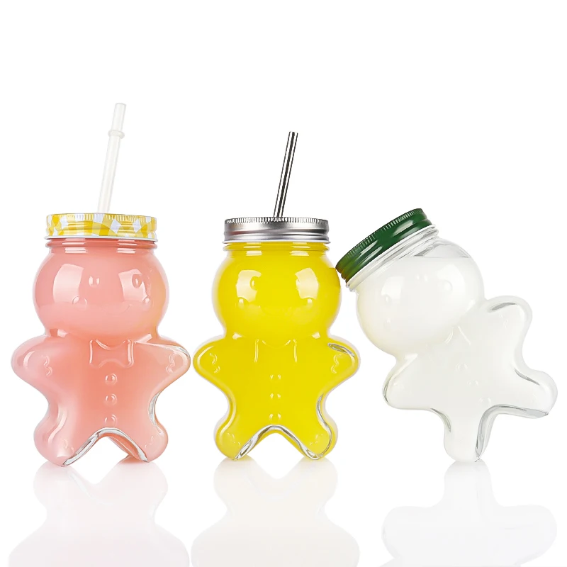 Gingerbread man design glass juice beverage bottles with twist off lids and straw 500ml