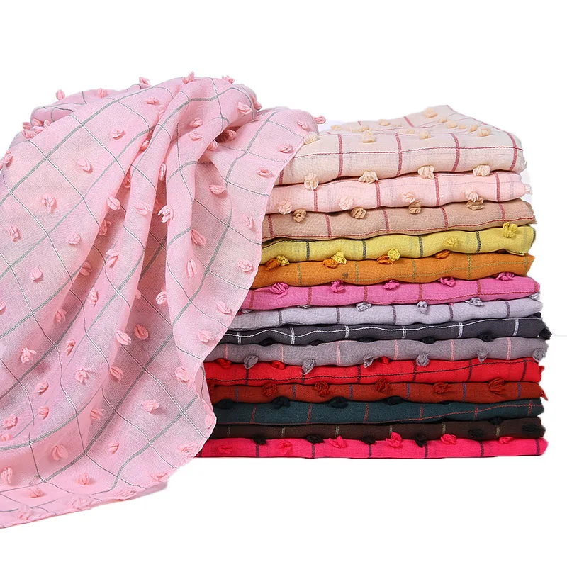 Dubai Grid Cotton Scarf Hijab New Shade Collection Fuzzy Ball Cotton Hijab Shawl