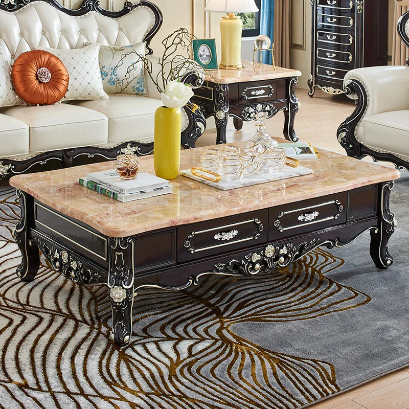 Antique Living Room Coffee Table Solid Wood Carved Tea Table Marble Top Sofa Center Table For Home Project Furniture