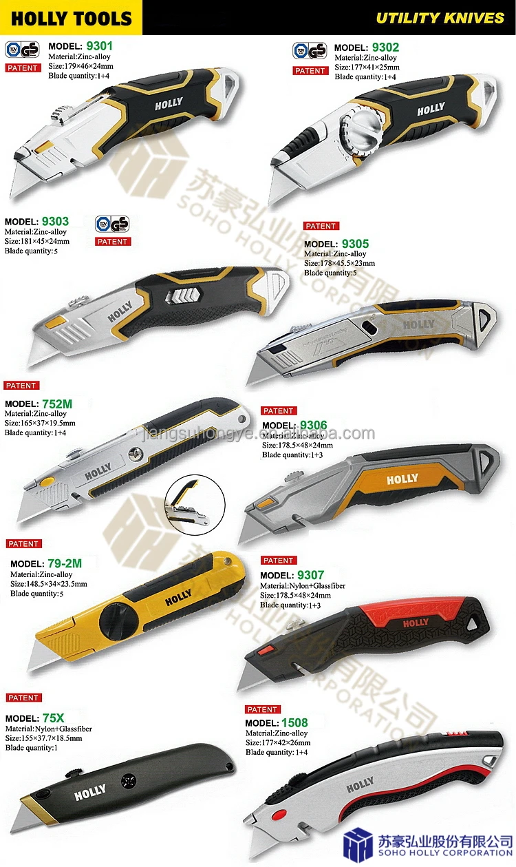 New TPR Grip Zinc Alloy Auto Self Load Blade Retractable Utility Knife Heavy Duty Manual Box Cutter with 10 Spare Reload Blade