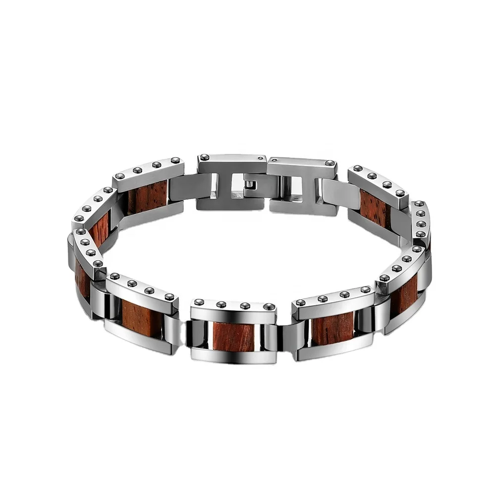 High Polished Men Stainless Steel With Wood Inlay Bracelets Custom Fine Bangles Bracelet Mens