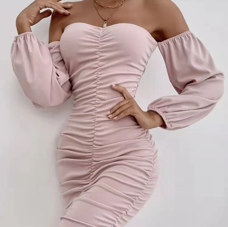 High Quality Women Party Club Dresses Ruched Off Shoulder Lantern Sleeve Bodycon Dress