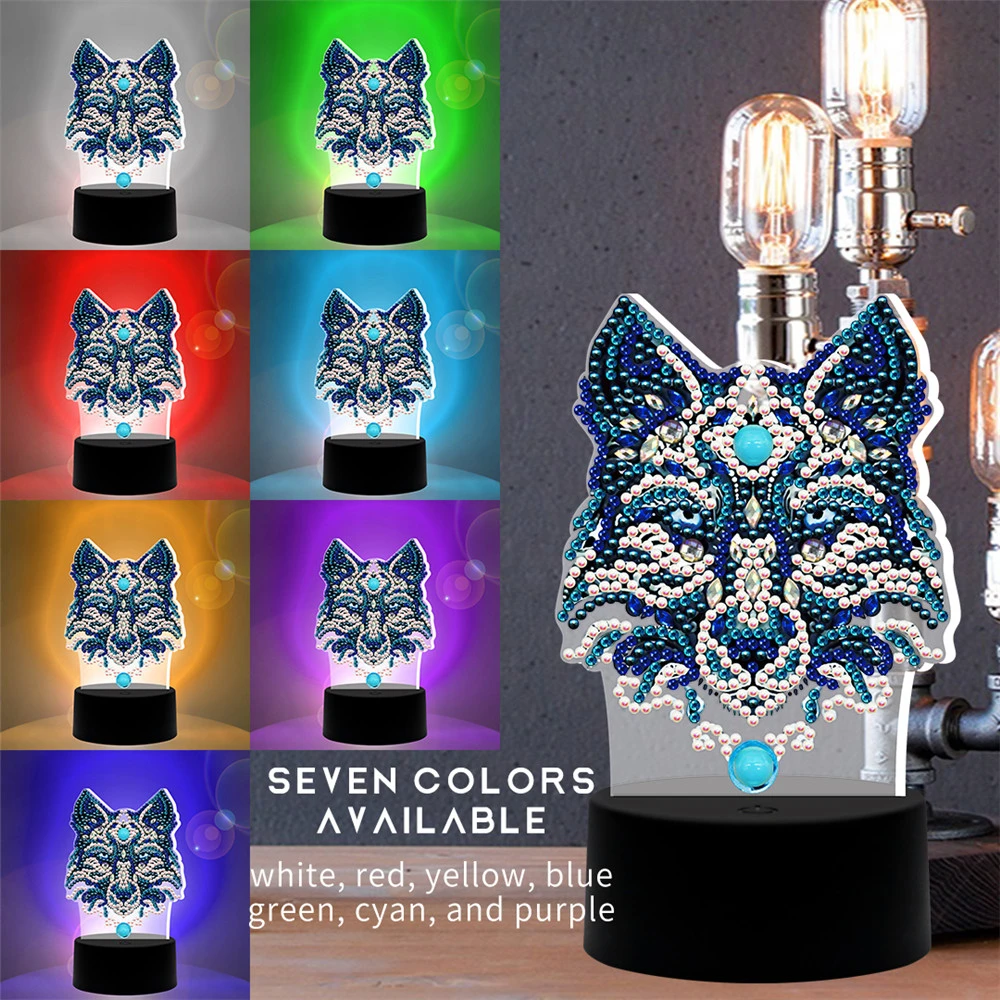 Wholesale 5D DIY Diamond Painting Animal Wolf LED Light Special Shaped Night Lamp Rhinestone Kit Home Decoration