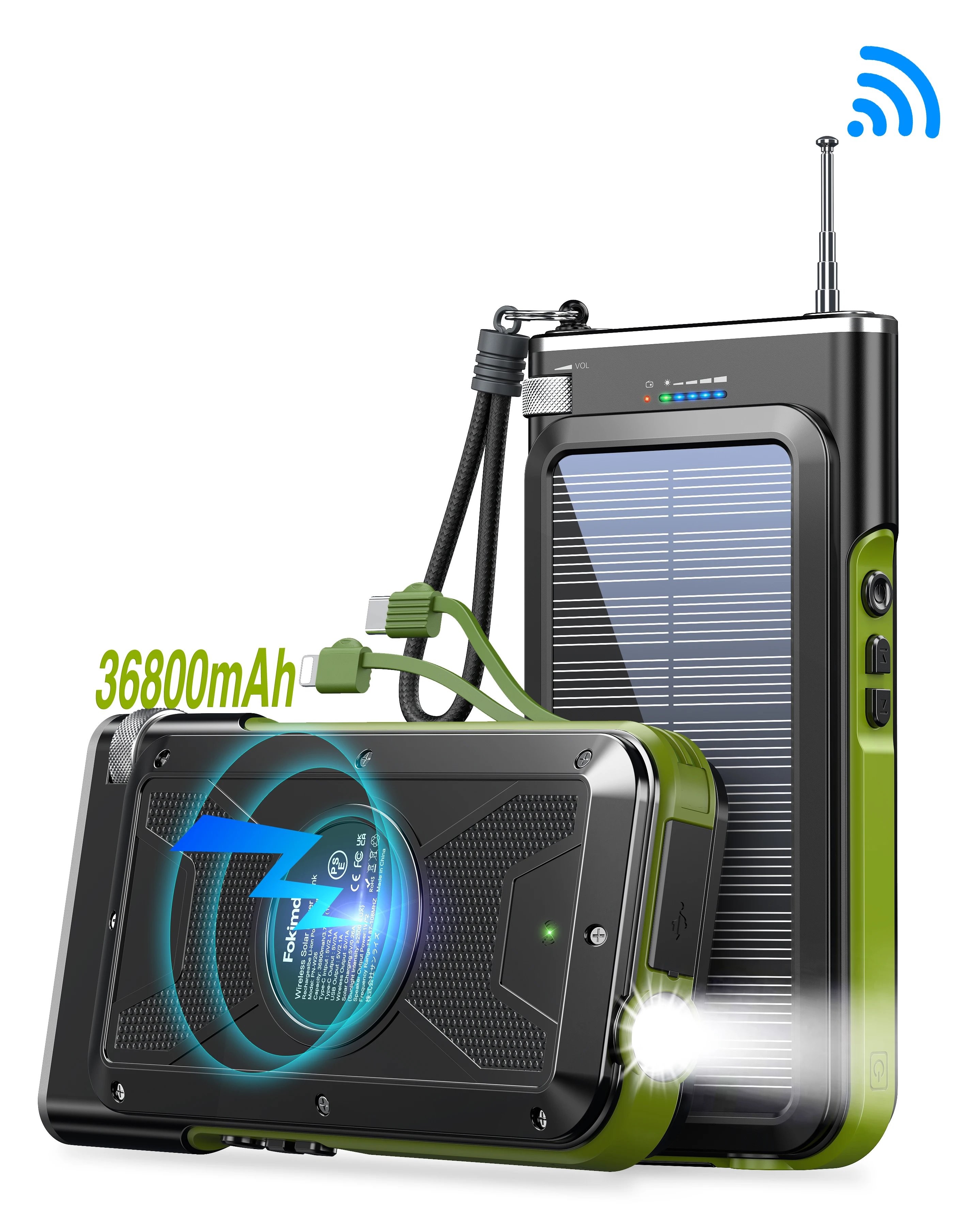 Online New trending 2023 arrivals Splash proof FM radio Wireless charger Mobile Phone Solar power bank with 2 cables