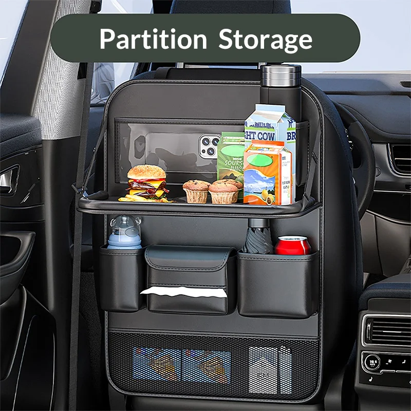 Anjuny PU Leather Multi Pocket Large Capacity Car Back Seat Storage Bag Car Organizer With Foldable Table Tray