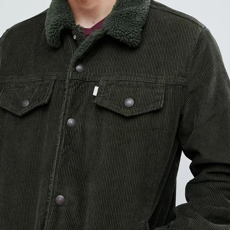 High quality Mens Dark Green Borg man made fur Denim  fur lined Heated Winter Denim Jacket Corduroy Jeans Trucker Jacket for Men