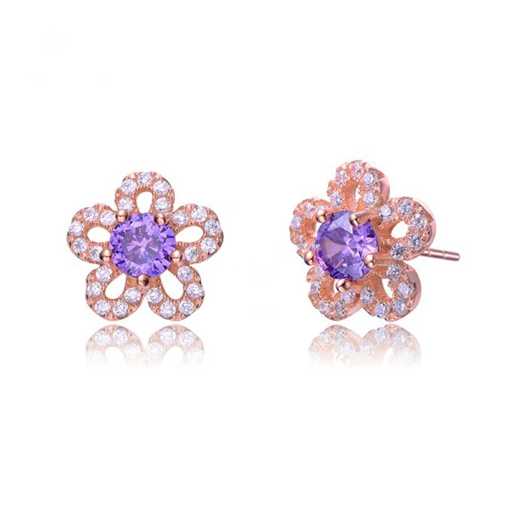 Keiyue rose gold vermeil brass dainty stud cz pink baby floral earrings 925 sterling silver flower earrings for women