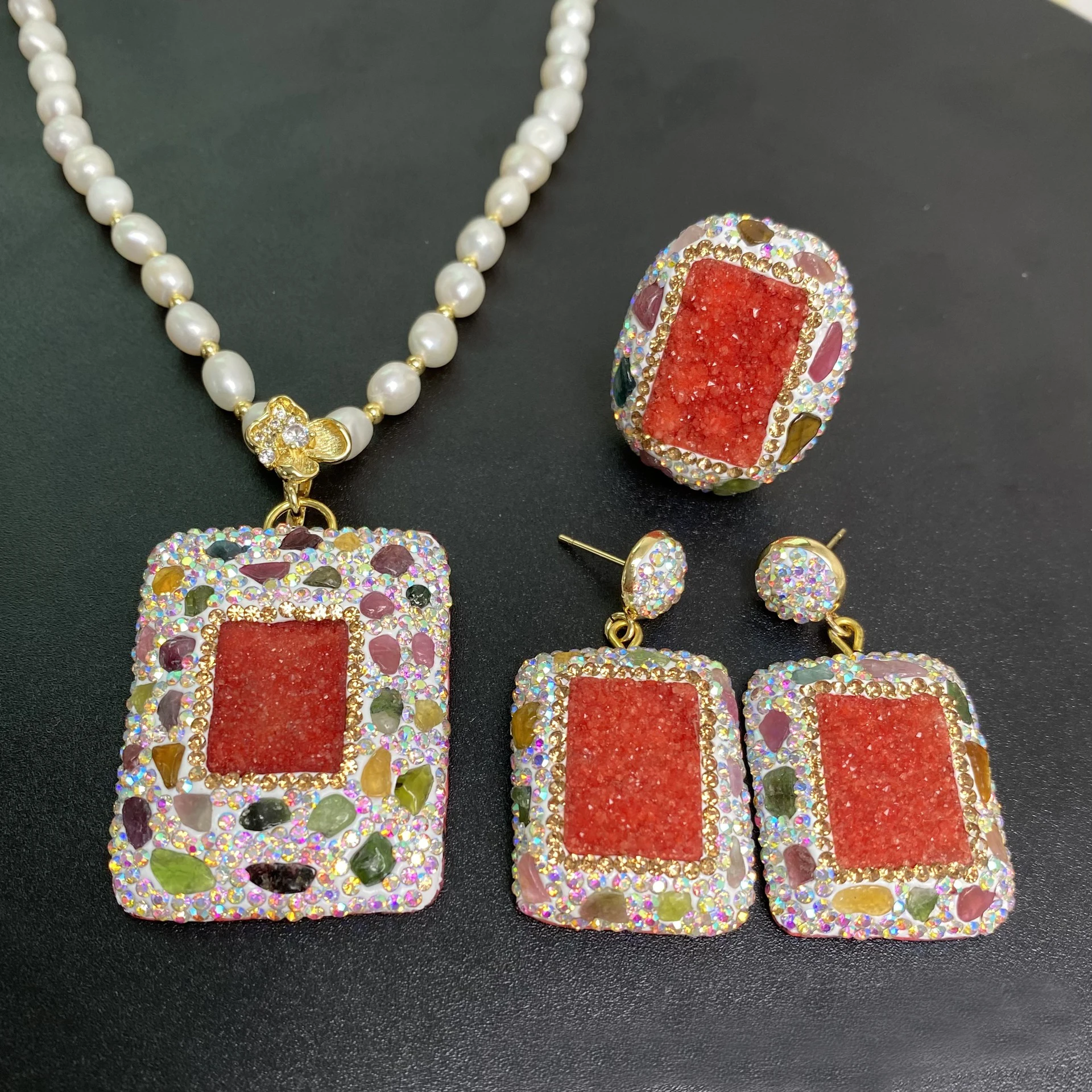 European &USA popular square pendant necklace jewelry set irregular crystal pendant ring earrings accessory