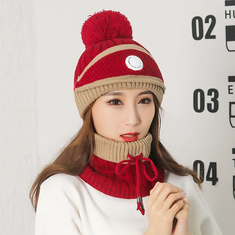Wholesale woolen knitted hat for women, fashionable and warm in autumn and winter, versatile plus fleece hat and scarf set