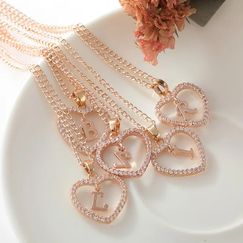 Women Copper Heart Pendant Rose Gold Necklace Letter Jewelry Gift
