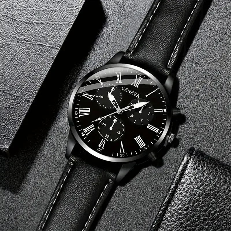 black 2 pcs / set black mens Quartz Watch with Bracelet Fashion Men Set gift quartz Watches For Men