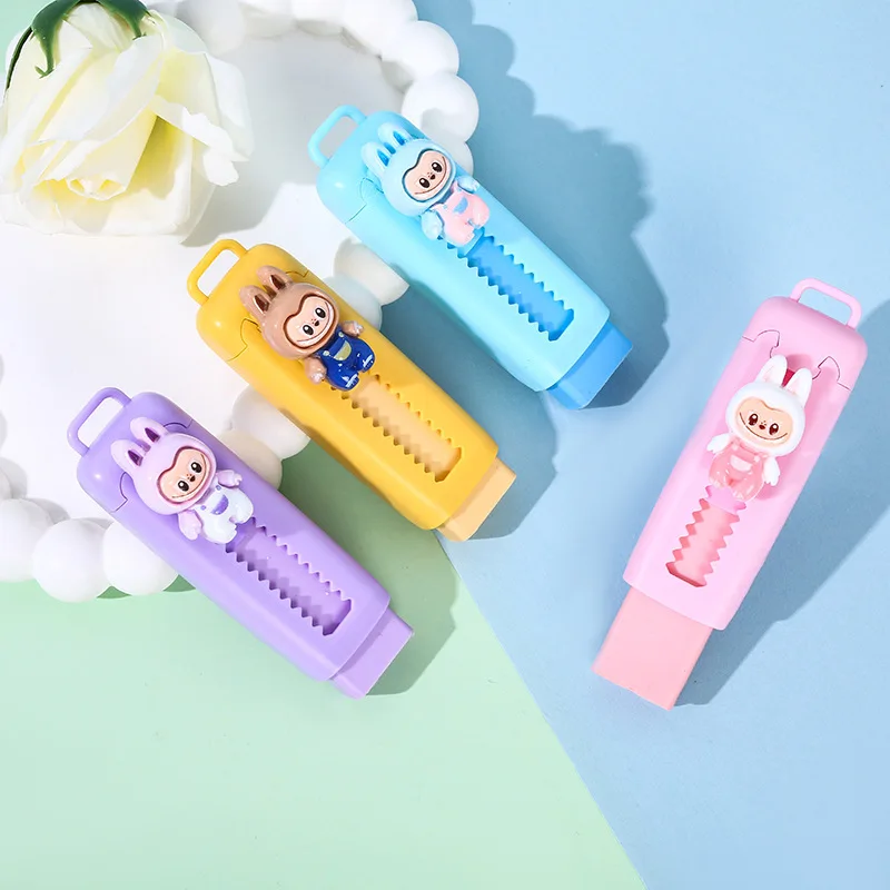 hot selling student cartoon labubu yiwu lovely school gift pencil products colorful stationary push pull press eraser for kids