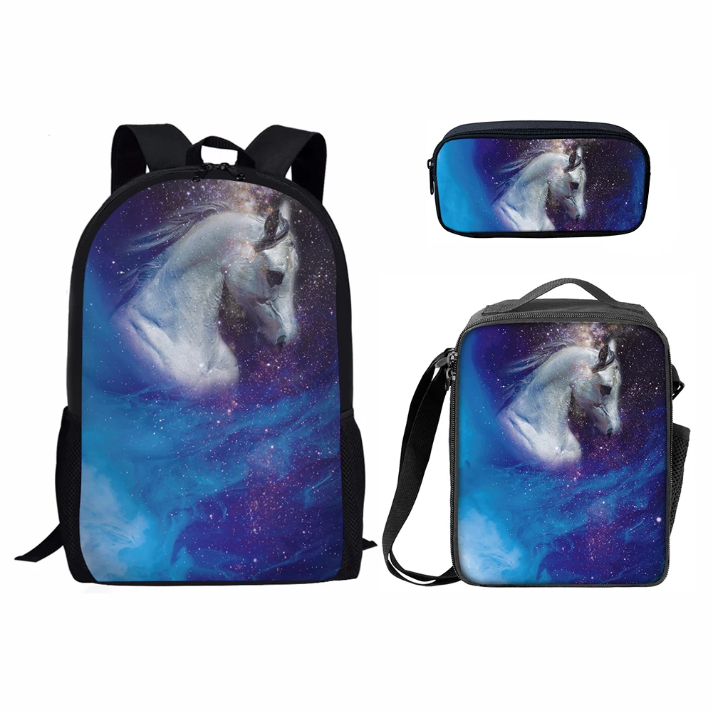 The Galaxy horse print fabric backpack for boys child school bag Lunch Box and Pencil case school bag set for kids Wholesale