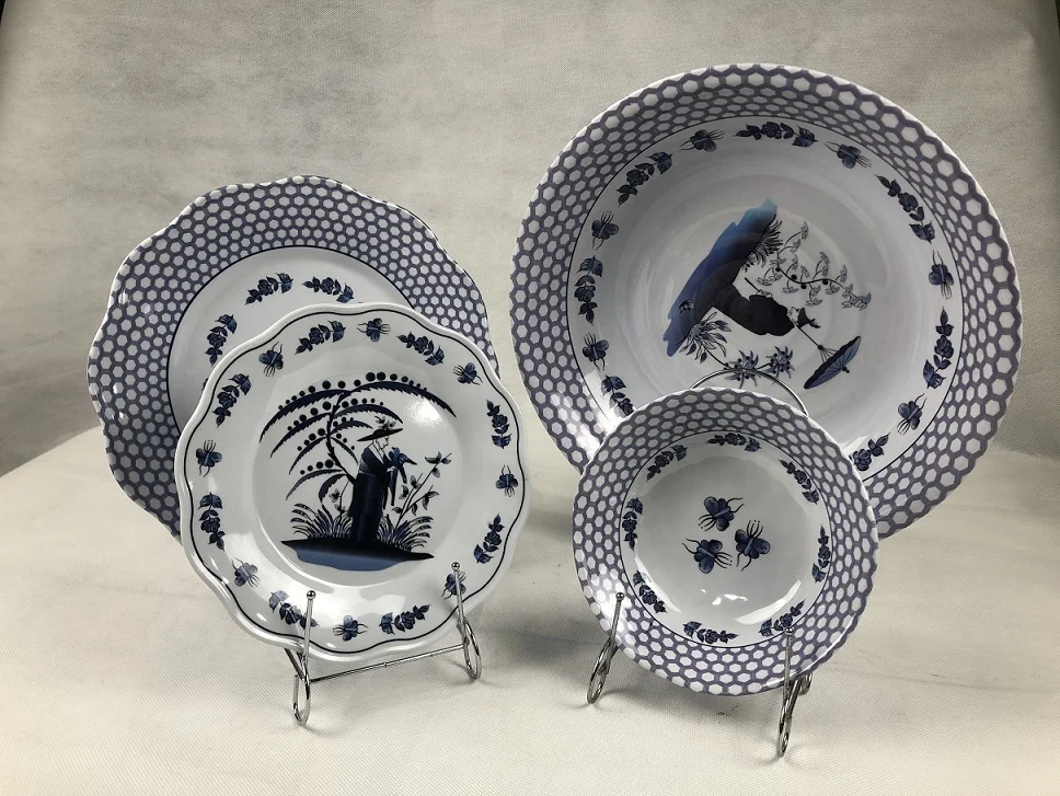 Floral Spring Garden Plastic Plates Large Scalloped Serving Platter Bowl Melamine Tableware Set with Wavy Edge