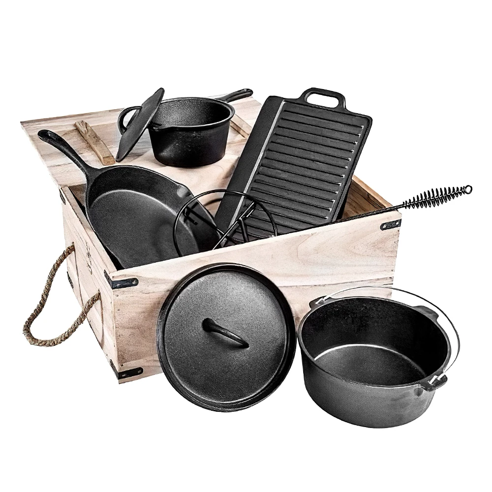 Bright Houseware Pre seasoned Cast Iron Cookware Set Camping Dutch Oven Baking Tray Pot Set Outdoor Camping Cookware Set