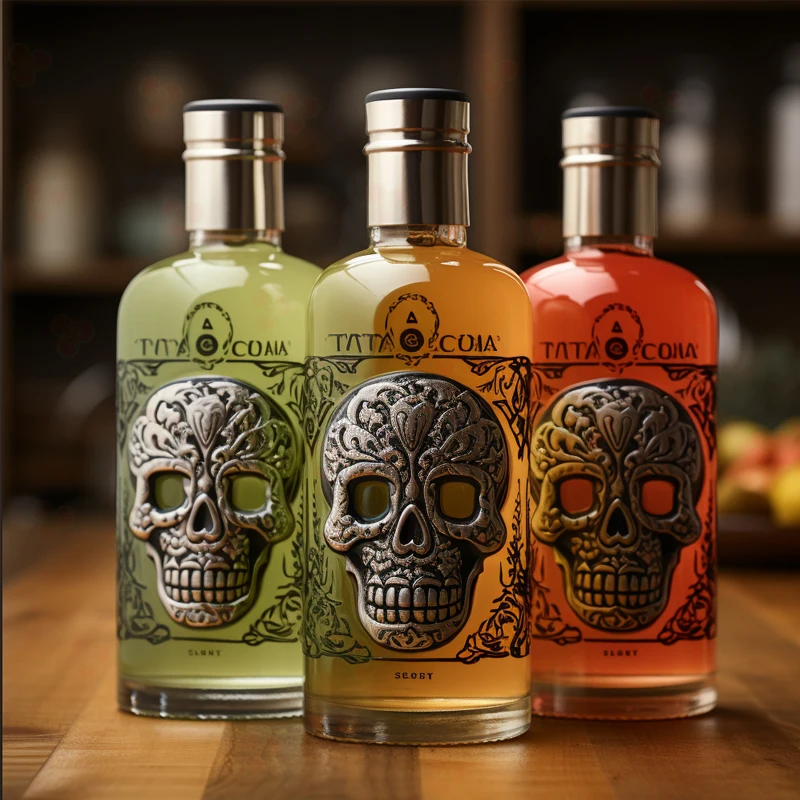 New Design Skull Calavera Shaped Glass Bottle For Tequila Whiskey Screen Printed Skull Label Covers