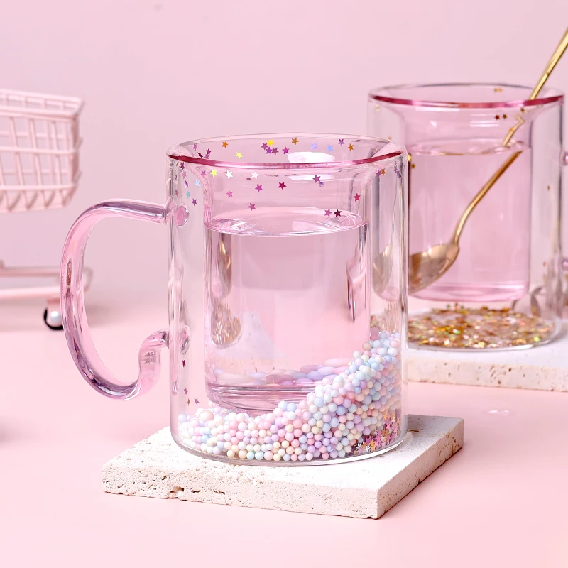 180ml Japan and South Korea romance style quicksand double hot water glass cup heat-resistant with handle for drinking