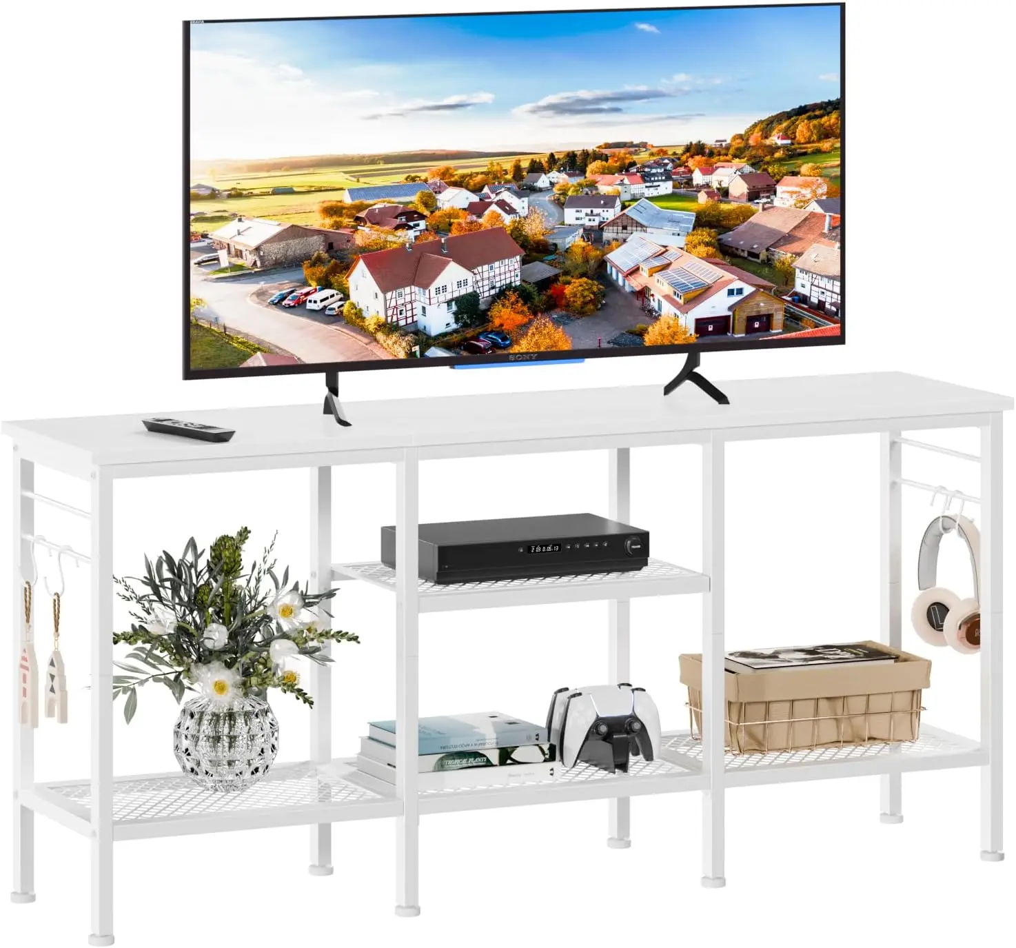 Modern TV stand for large TVs For bedroom Living room TV media console table with mesh panel and bar shelf