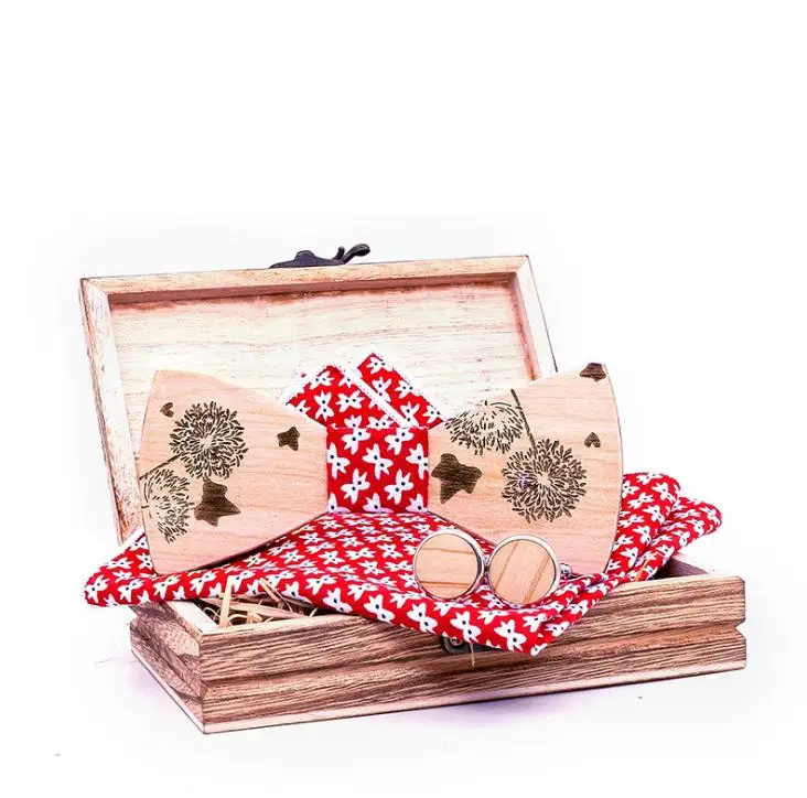 Male and female dandelion carved solid wooden bow tie set explosion celebration gift