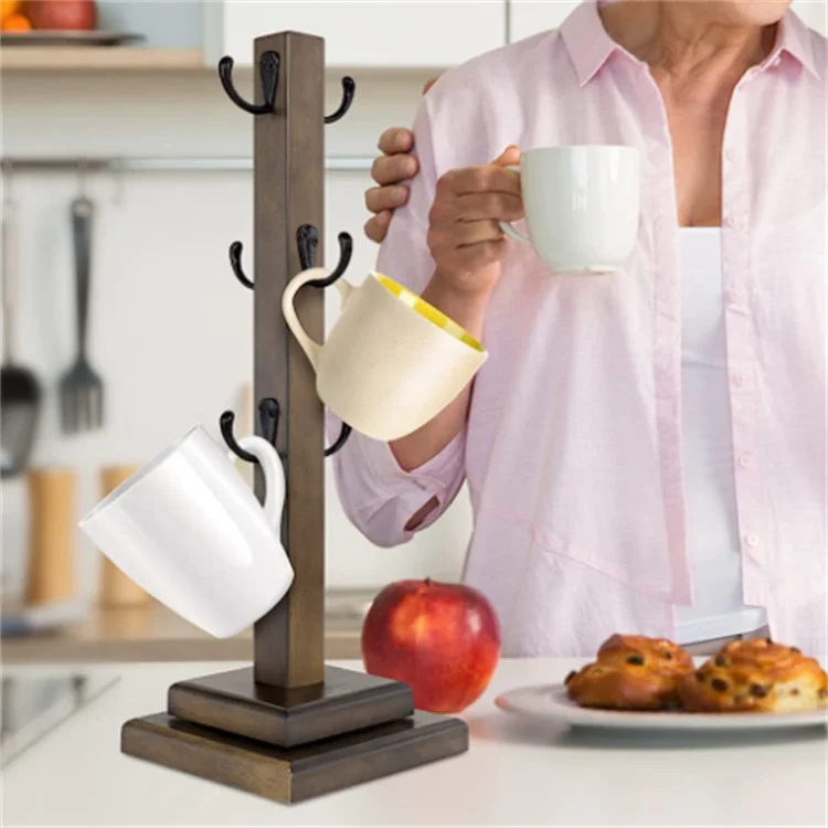 Space-Saving Rotated Brown Solid Wood Mug Rack Tree Organizer Tea Cup Organizer Hanger Holder With 6 Hooks