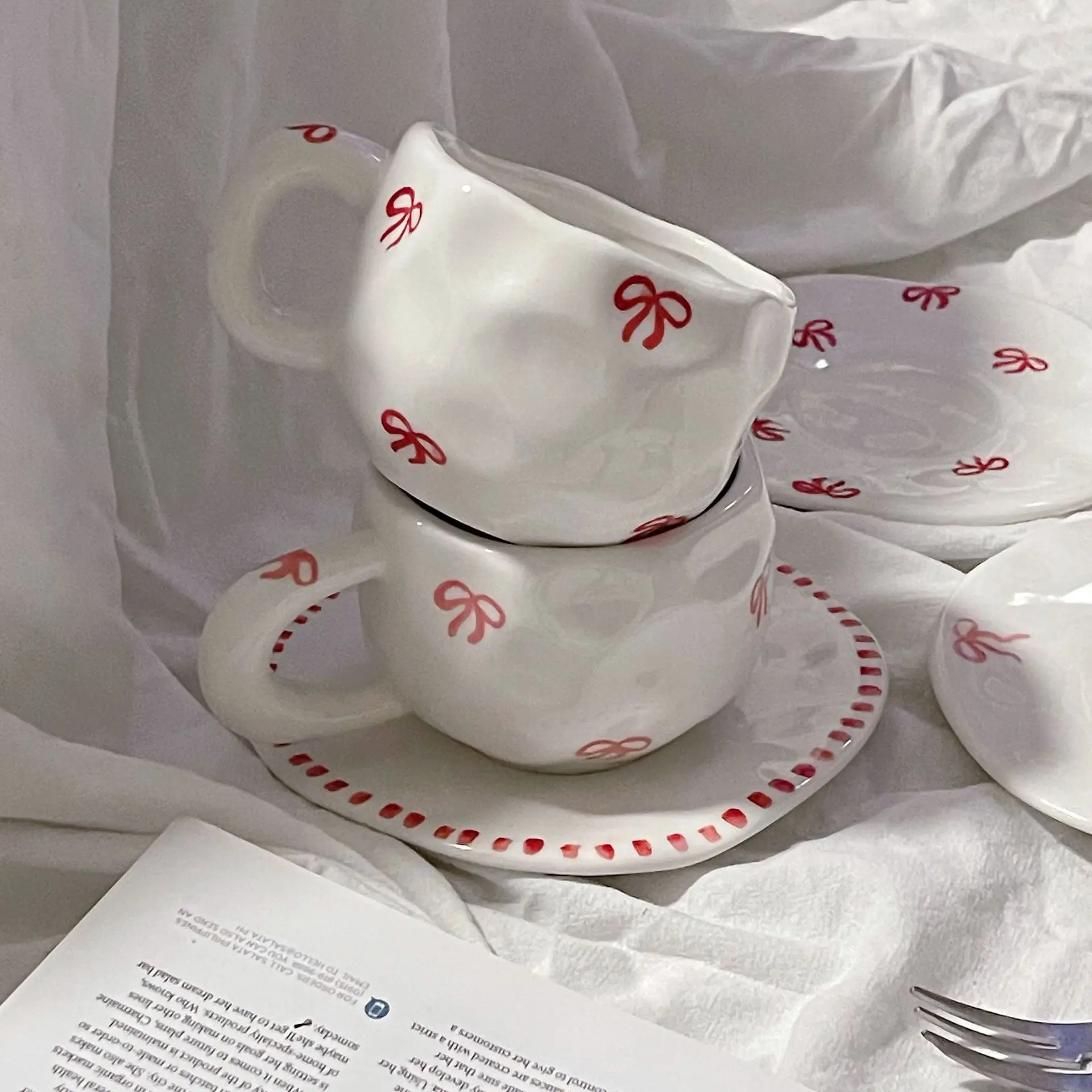 Cute Handmade Ceramic Bow Cup With Saucer Gift Mug