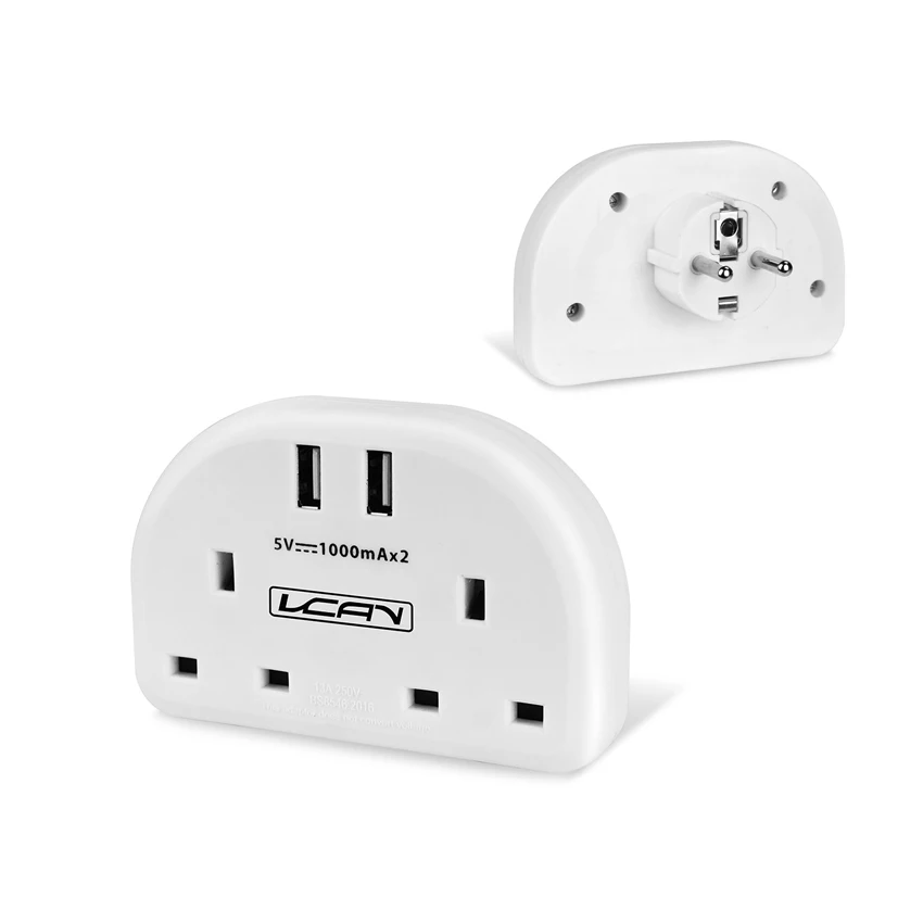 2 Pin EU to 3 Pin UK Plug Universal Travel Plugs & Sockets 2 Way European UK Travel Adapter with 2 USB Ports