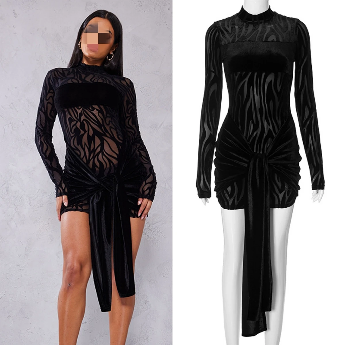 D23ds241 Autumn Winter 2024 New Zebra Striped Patchwork Mesh O-neck Long Sleeve Sexy Mini Dress Bodycon Clothes For Women