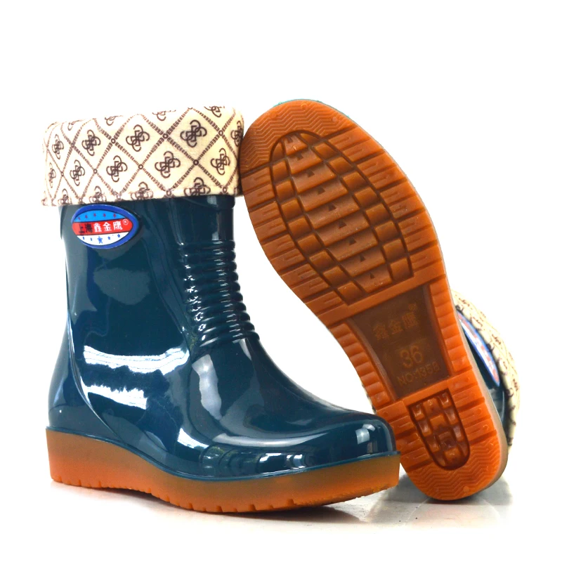 20cm Womens   Mid Calf Rain Boots Waterproof Wellington Shoes Winter Ladies Wellies Boots Garden Shoes Removable Inner Linings