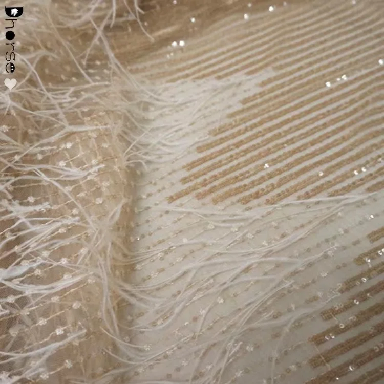 Luxury hand made ostrich feather tulle lace fabric with sequin embroidery for formal dress