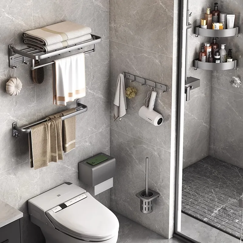 Gun grey 24in Towel Racks with Shelf Drilling/Adhesive Wall Mounted Foldable Rustproof Bathroom Towel Holder with Towel Bar