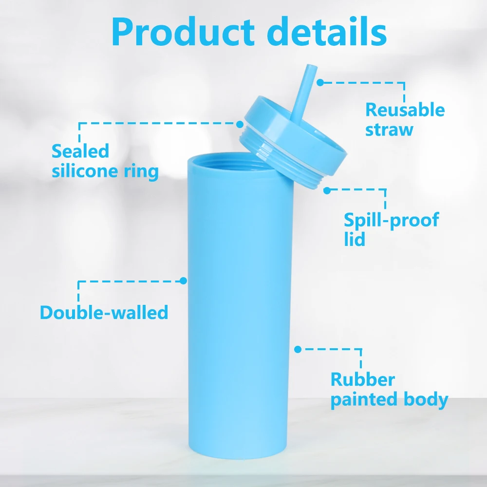 B14-1139 16oz Plastic Skinny Tumbler Cups with Various Colors Stocked BPA Free 16 oz Plastic Water Cup with lid and Straw