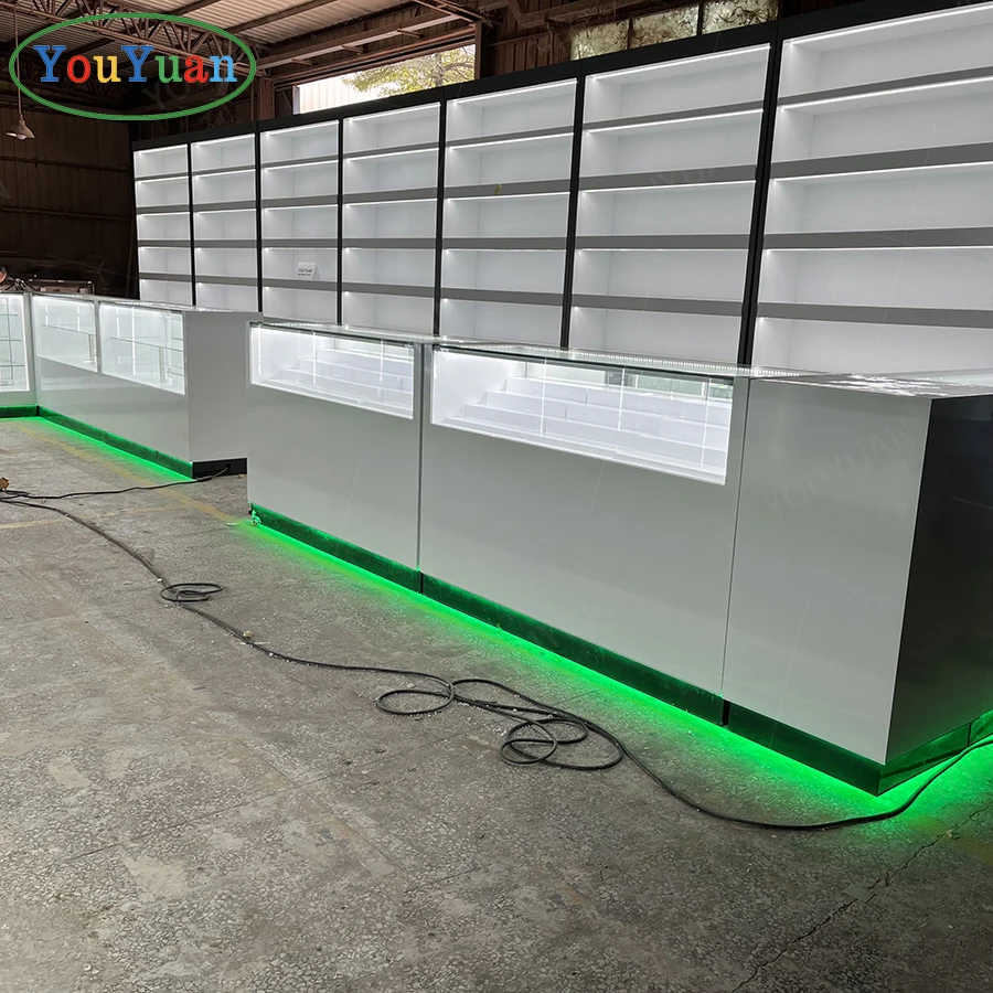Smoke Shop Display Counter Dispensary 3D Design Store Interior Glass Display Showcase For Smoke Shop