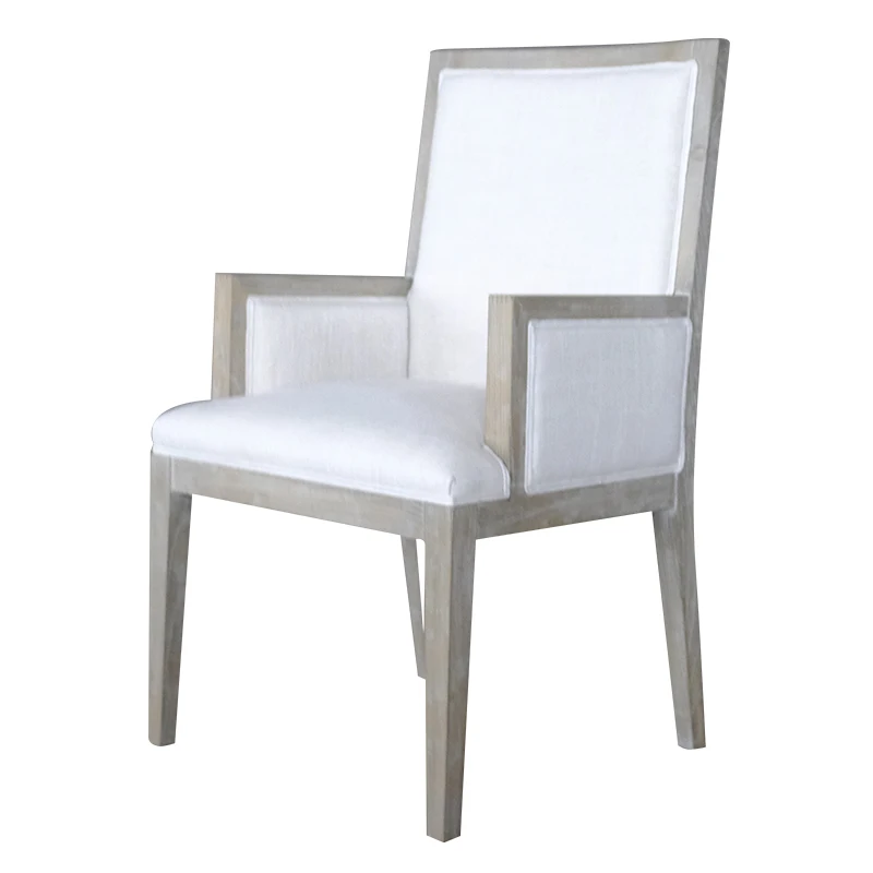 China Wholesale Grey Wooden Feet Elegant Durable Casual White Arm Dining Chair Fabric Armchair