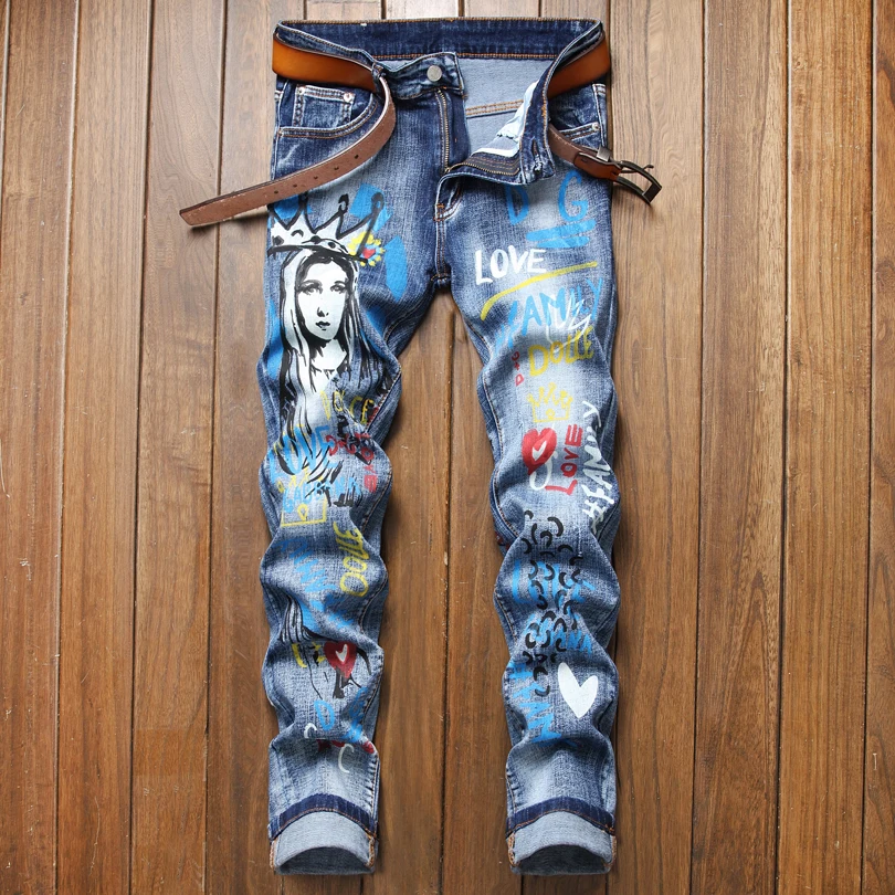 Clothes Custom Designer Embroidery Dye Slim Fit Men Jeans Letter Printing Washed Painted Pants Stack Baggy Jeans For Men