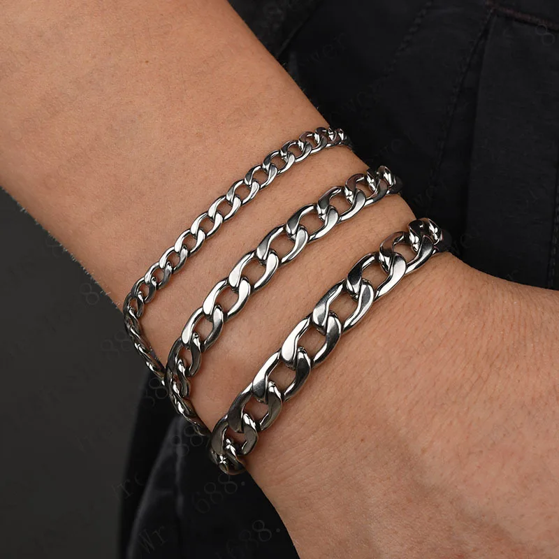 Hot Sale Fashion Personalized Sliver Plated Bracelet Stainless Steel 5mm/7.5mm/9mm Hollow Flat Cuban Bracelet For Women And Men