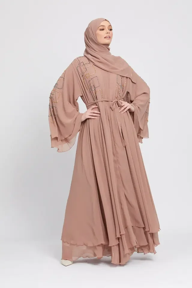Customized Color Fashion Luxury  Chiffon  Layered with beads  Open Abaya Women Muslim Dress abaya