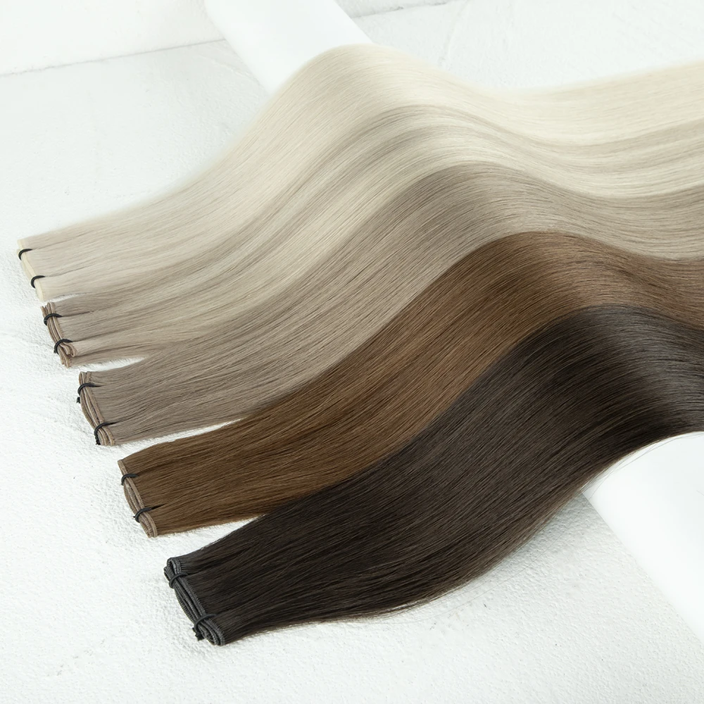 Single Donor Russian Remy Double Drawn Indian Hand Tied Genius Weft Human Hair Extensions Natural