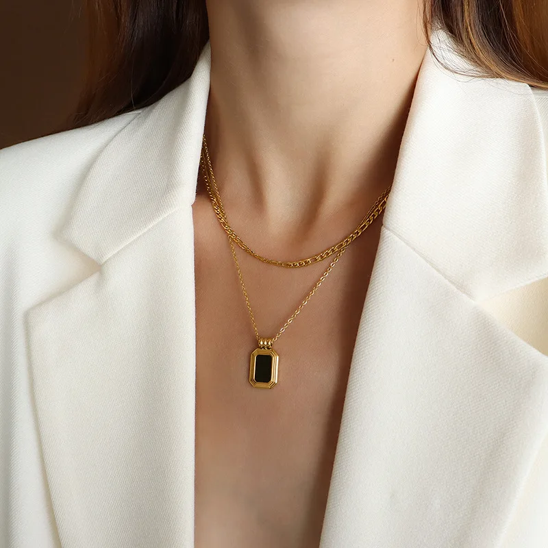 18K gold Stainless Steel Turquoise Square Pendant Double Layer Necklace Fashion Jewelry For Woman Sexy Clavicle Chain Party Gift